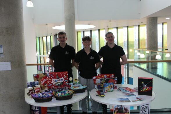 Public Services students Ashton Watts, Milo Abbott and Lily Warner with the raffle prizes