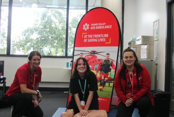 Ruth Dunkin, Head of Community and Events, TVAA, Public Services student Taylor Cartwright performs CPR and Laura Sanchez, Volunteer Manager TVAA