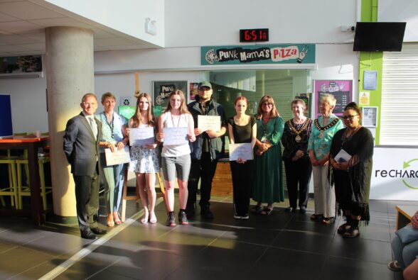 Nicholas Brewer, Photography Lecturer, Activate Learning, Sue Dew-Gosling, Creative Arts Lecturer, Activate Learning, Art or Photography students Georgia Wilkins, Steph Stock, Will Jones, Sky Goodwin, Caroline Streatfield, Art & Design Teacher, Activate Learning, The Worshipful the Mayor of the Borough of Bracknell Forest Councillor Janet Cochrane and Councillor Ellen Mac Hale, Bracknell Town Mayor and Bina Howard, Curriculum Manager, Activate Learning.