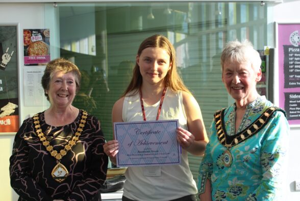 Steph Stock, Creative Practice: Art, Design and Communication Level 3 Extended Diploma student who was awarded the most outstanding student with The Worshipful the Mayor of the Borough of Bracknell Forest Councillor Janet Cochrane and Councillor Ellen Mac Hale, Bracknell Town Mayor. 