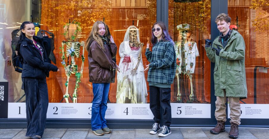 Students Bianka, Sophie, Kiera and Ollie with their skeletons.
