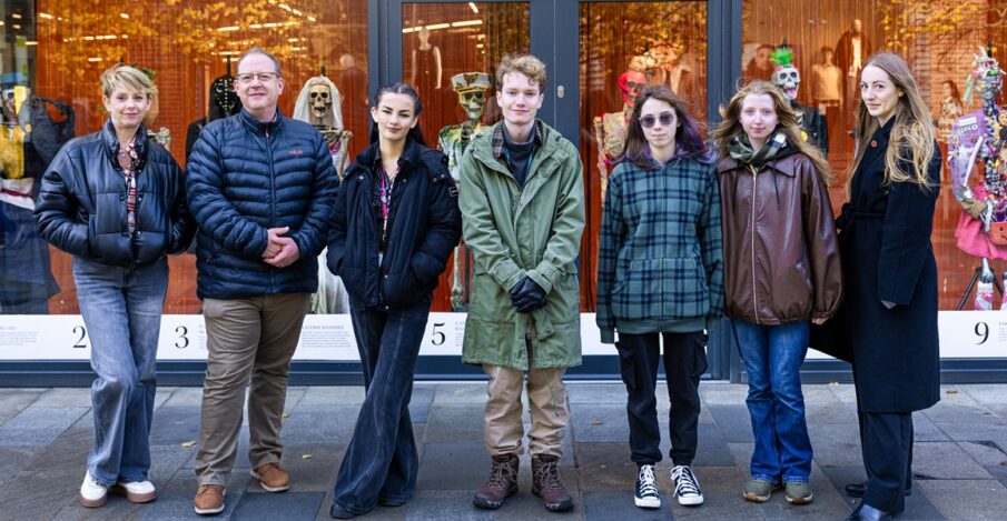 Group photo, left to right: Sue Dew-Gosling, Creative Arts Lecturer at Activate Learning, Ben Jokiel, Group Director of Bracknell and Wokingham College, Creative Practice: Art, Design and Communication Level 3 Diploma students from Bracknell and Wokingham College, Bianka Humnicka, Ollie Bolton, Kiera Harris and Sophie Dowse with Natalie Webb, Retail Marketing Executive at The Lexicon.