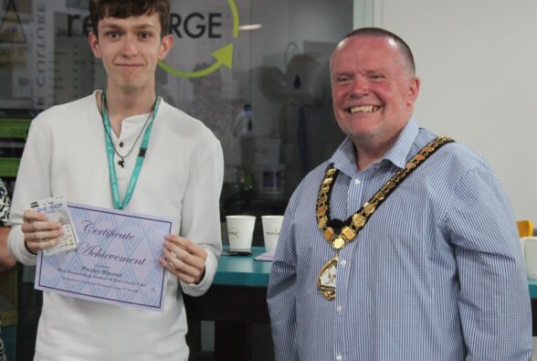 Art student Presley Shearer and The Worshipful the Mayor of the Borough of Bracknell Forest Councillor Peter Frewer.