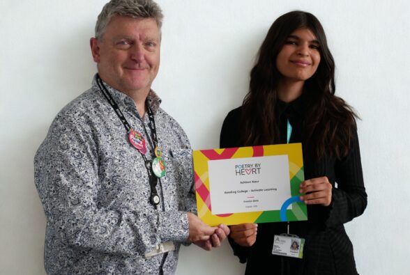 Phillip Trivett, GCSE English Teacher, Activate Learning with A Level student Ashleen Kaur, holding her certificate from Poetry By Heart.